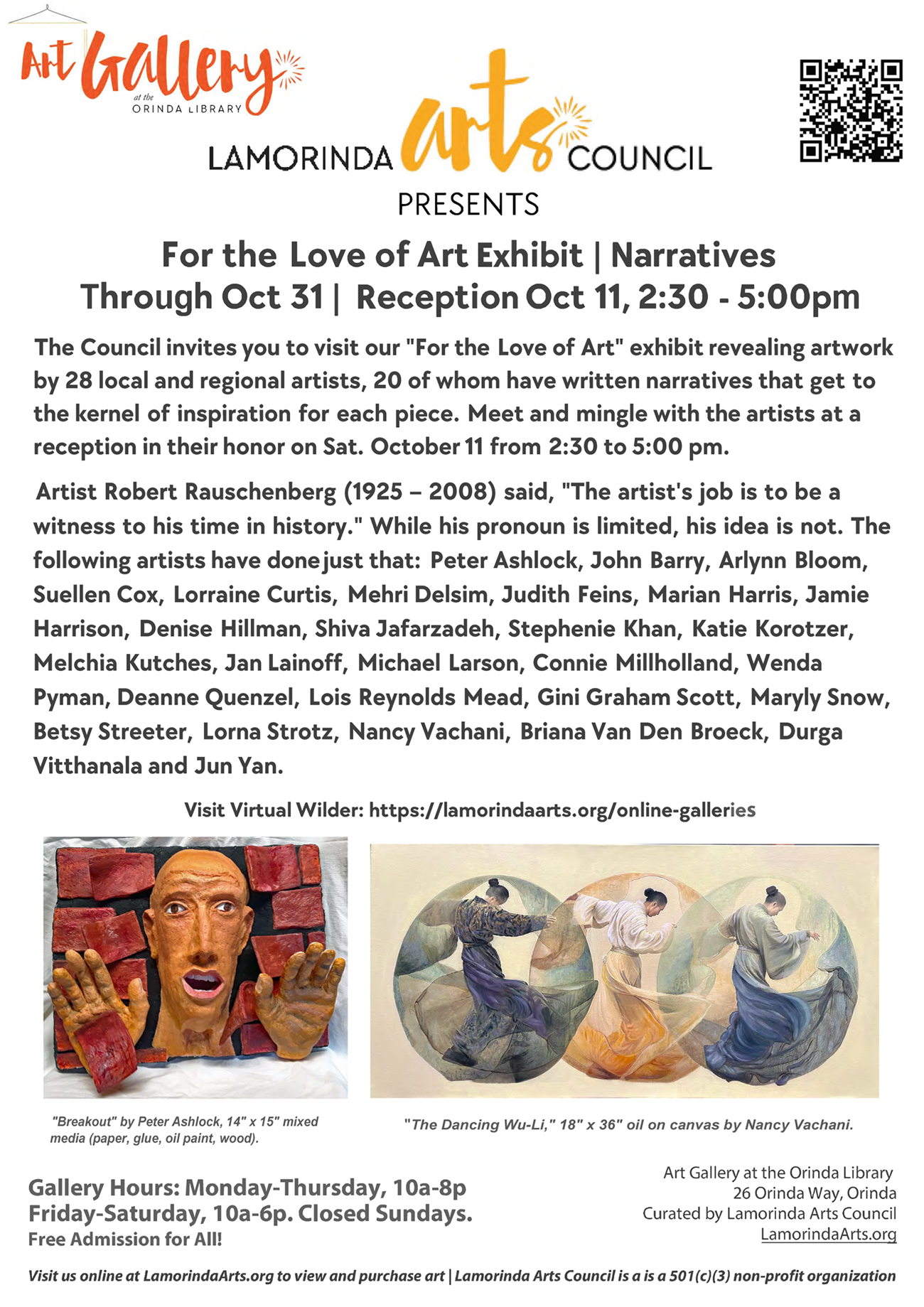 Flyer listing artists in the October exhibition with images from the show