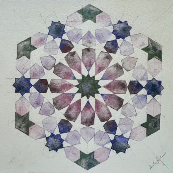 Artist: Arshia Saifuddin Title: Radiating Rosette I Size: 9"x9" Medium: Watercolor paint on 300gsm watercolor paper Price: 500