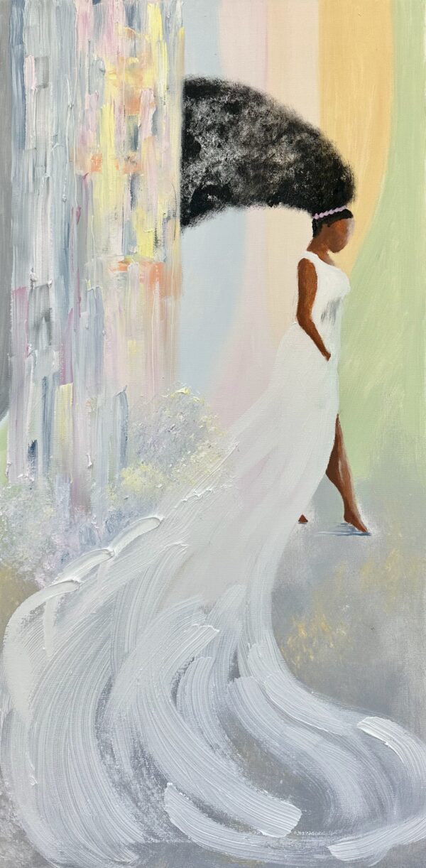 Oil painting shows a black woman with long flowing black hair. She wears a long white dress. There are visible strokes of white, gray and yellow oil paints behind her.