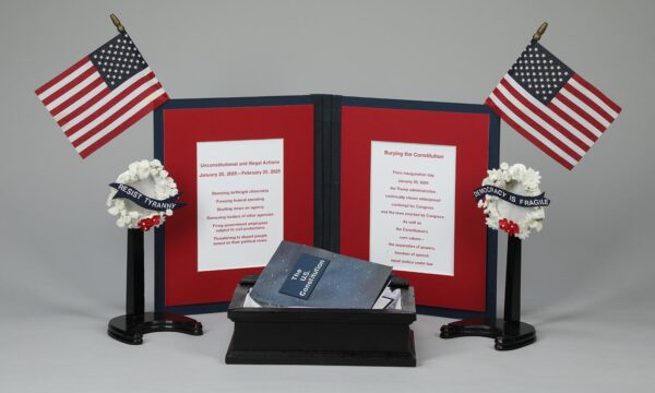 Photograph shows an open book without pages. The book is red. There is a small copy of the U.S. Constitution on both sides of the book. Small American flags are attached to each side. A tiny black coffin sits in front of the book with miniature white flower arrangements on stands on each side.