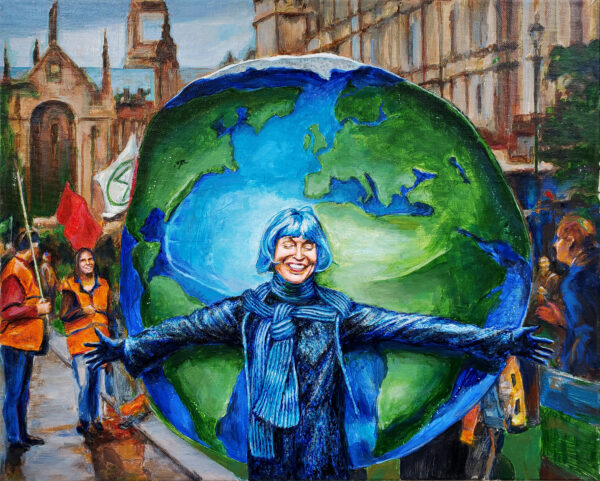 Acrylic painting shows a woman wearing a blue outfit with short blue hair. She faces the viewer, expanding her arms across a large blue and green Planet Earth behind her. A city street is visible behind the planet.
