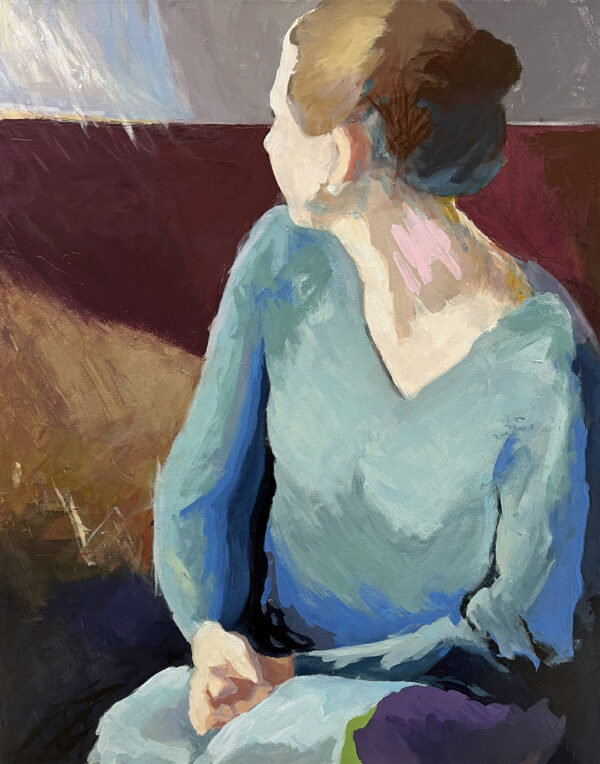 Painting shows a woman looking away from the viewer. She has brown hair pulled back in a bun and wears a blue sweater. The image is semi-abstract. She sits on a reddish sofa.