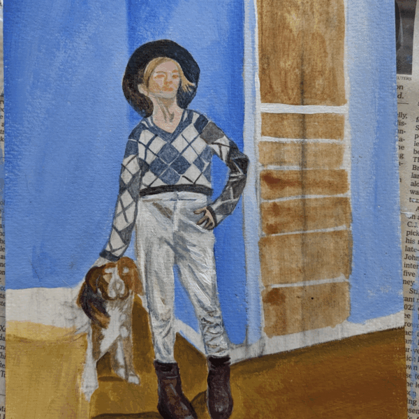 Painting shows a girl standing in front of a sky-blue wall. She wears white pants, cowboy boots and white, blue and brown argyle sweater. She wears a large brown hat with a brim. She stands with one hand on her hip.