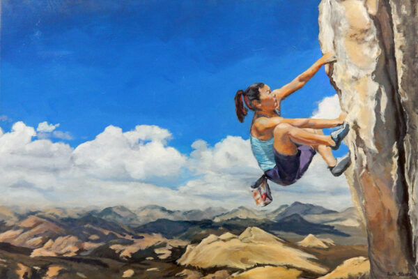Painting shows woman climbing a rock wall. She holds on with both hands and feet and is in motion. There is a bright blue sky with white clouds behind her and a valley floor below. She wears a light blue shirt and blue shorts.