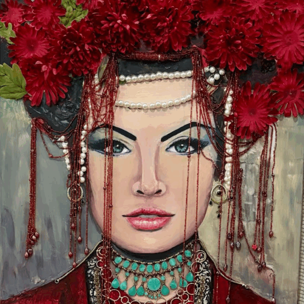 Acrylic and mixed media art piece. A woman with dark hair looks at the viewer. She wears an elaborate headdress of flowers with beads on strings trailing down around her head. She wears a choker made of turquoise stones.