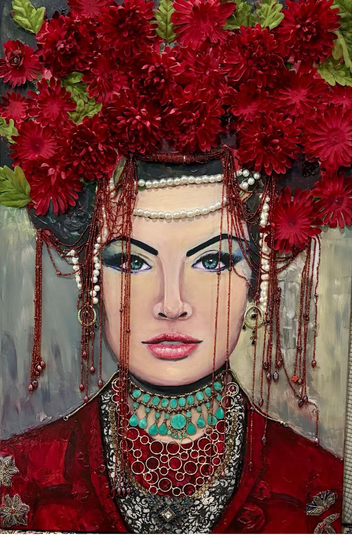 Acrylic and mixed media art piece. A woman with dark hair looks at the viewer. She wears an elaborate headdress of flowers with beads on strings trailing down around her head. She wears a choker made of turquoise stones.