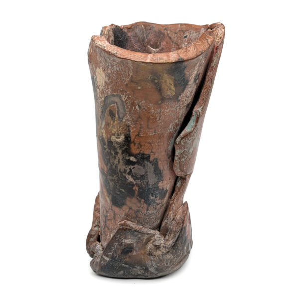 Round cylindrical scuplture in shades of reddish-brown. The sculpture is wrapped in layers of ceramic with uneven edges.