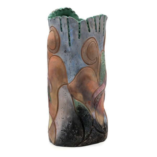 Cylindrical sculpture in shades of blue. There are several abstract human figures on the sides in brownish-orange shades.