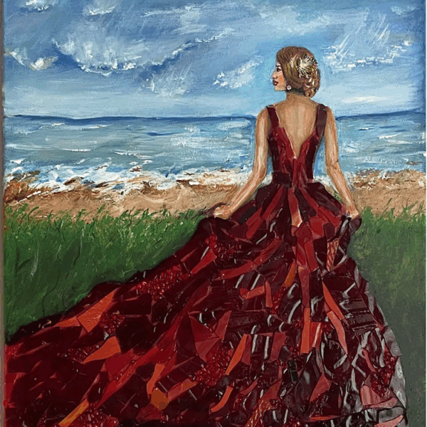 Mosaic set on a painting. A woman facing away from the viewer wears a vivid, sweeping red mosaic dress. She stands on a grassy field, looking towards waves crashing on a beach against a stormy sky
