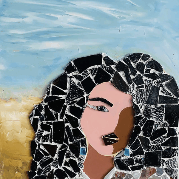 Mosaic depicting a woman facing the viewer. She has a cloud of black hair. The sky behind her is light blue with land visible behind her. One eye is visible. There is a shadow across her face.