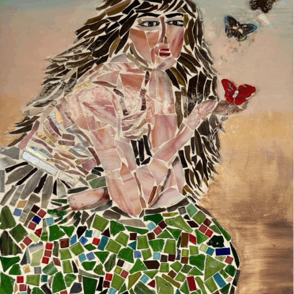 Mosaic depicting a woman with long flowing brown hair sitting facing the viewer. She wears a green skirt dotted with multicolored tiles. She holds a red butterfly. Several other butterflies fly away.