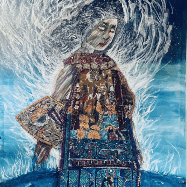 Painting depicting a ghostly figure surrounded by an abstract white halo. The figure wears a long garment painted with vivid patterns and images.
