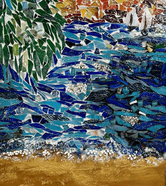 Mosaic depicting a sandy beach. A palm tree hangs over the scene. The blue water is visible in the distance with a yellow-orange sunset on the horizon.