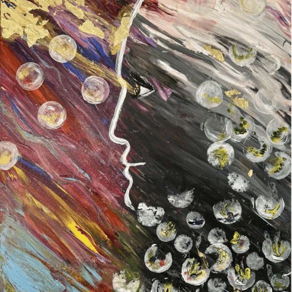 Vivid multicolored painting depicting bubbles floating against steaks of paint. An abstract tracing of a face is visible, outlined in white.