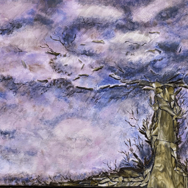 Mosaic depicting a cloudy purple sky. A tree in the right is bare of leaves and goes up into the clouds above.