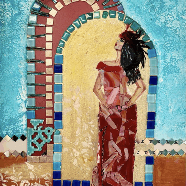 Mixed media depicting a woman in a long red dress and black hair turned to the left side. She faces an arched doorway framed with mosaic tiles in shades of blue. Another archway in mosaic tiles is visible beyond. The wall around the arch is light blue.
