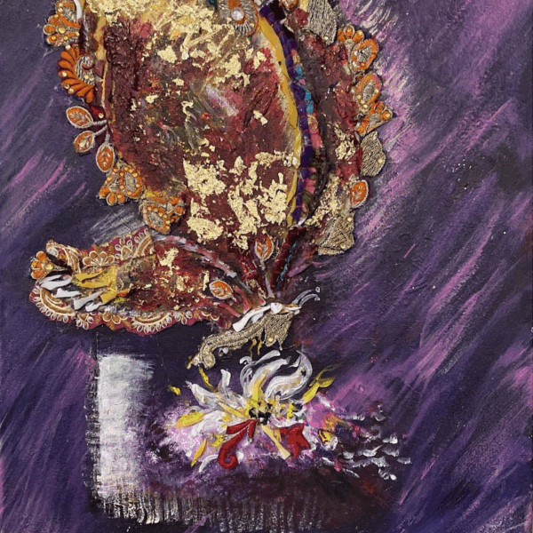 Mosaic depicting a butterfly against a dark purple background. The butterfly's wings take up most of the canvas, decorated with elaborate feathered objects and patterns. The butterfly sits on an abstract, colorful flower.