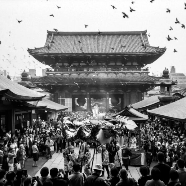Photograph in black and white showing a tiered Japanese building. Crowds mill about the front of the building. Many birds fly in the sky.