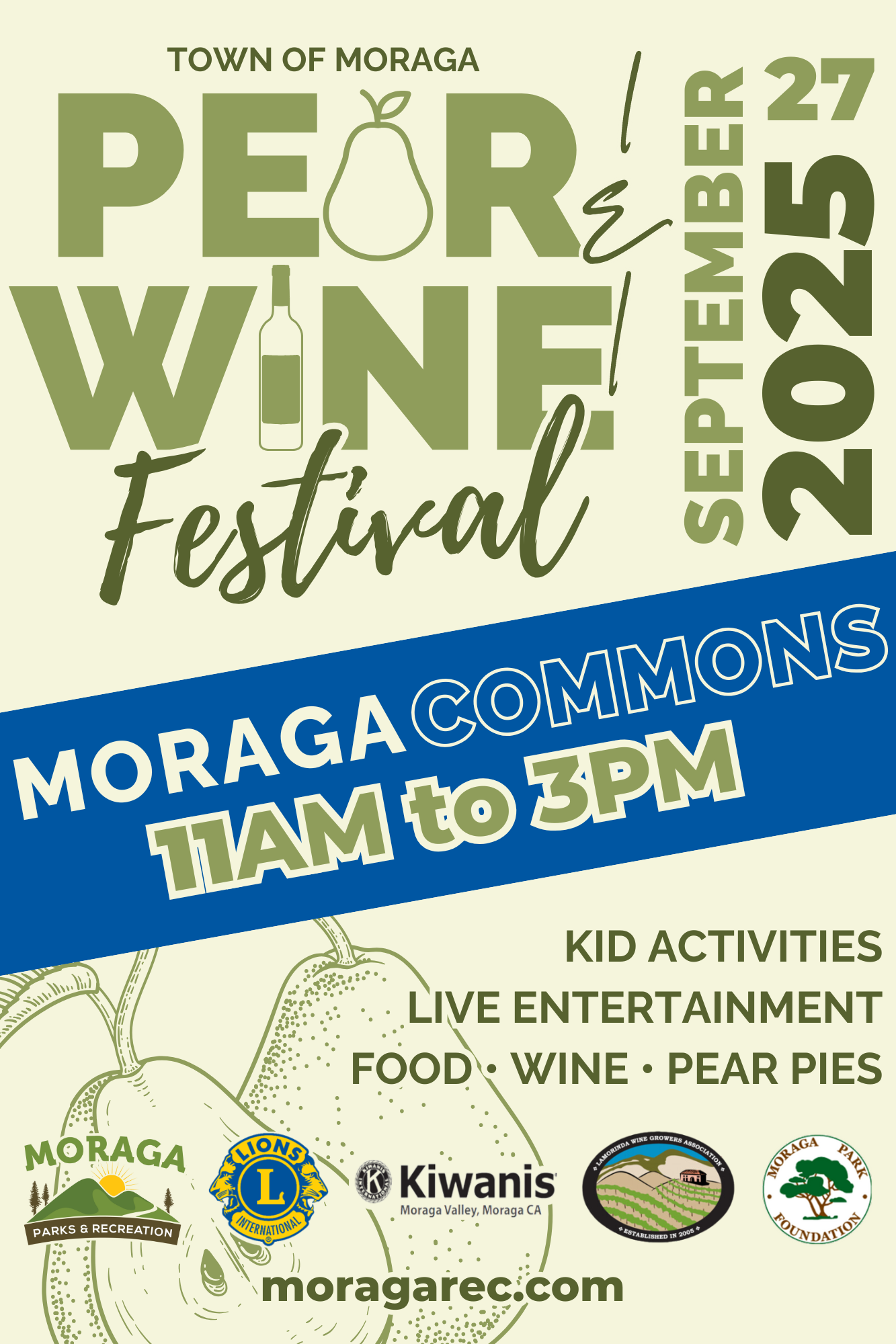Poster showing the 2025 Moraga Pear and Wine Festival information.