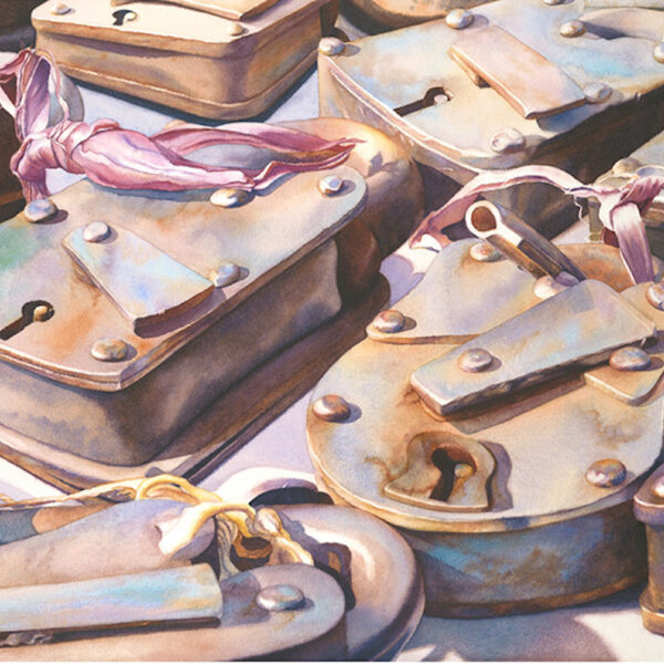 Painting showing a pile of silver padlocks.