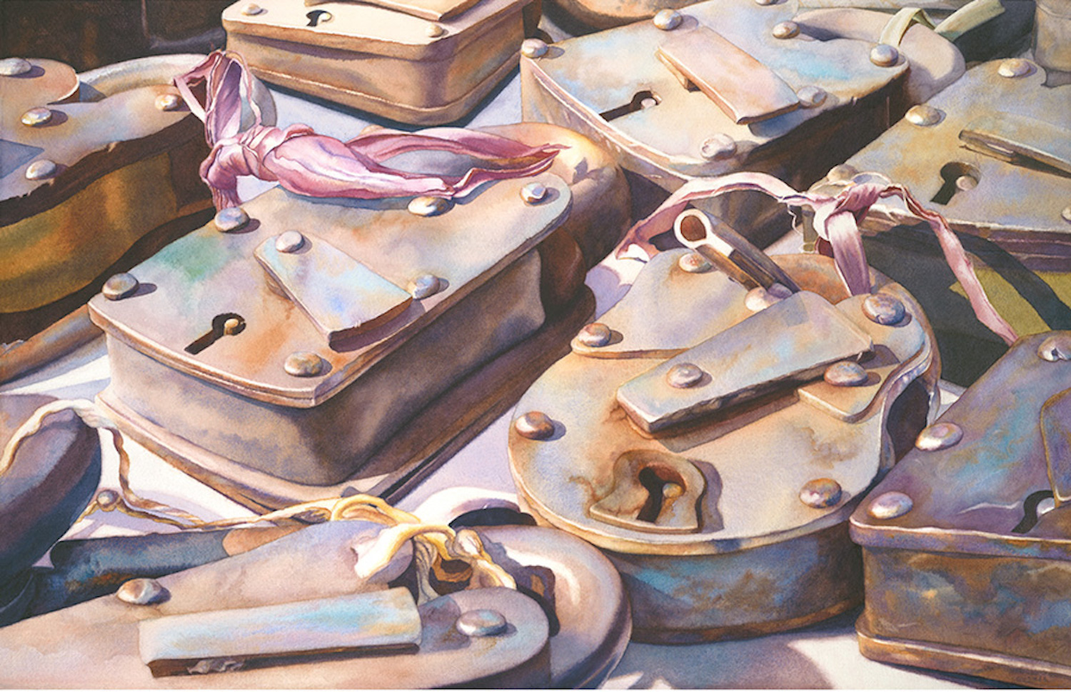 Painting showing a pile of silver padlocks.
