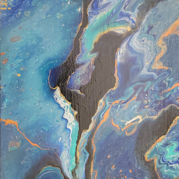 Painting showing abstract swirls of blue, green, black and gold