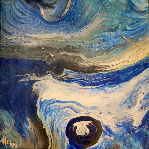 Painting with abstract swirls of blue, green, white and gold