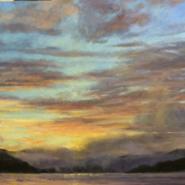 Painting showing a golden sunrise against a sky full of clouds. Water is visible below.