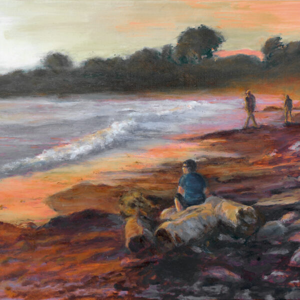 Painting shows a beach at sunset. Figures sit on rocks and walk in the distance. The waves break against the sand with trees on the horizon.