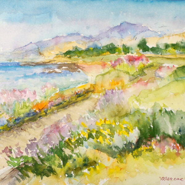 Watercolor of a green field with flowers showing mountain in distance.