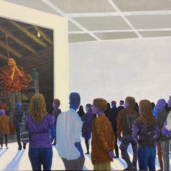 Painting shows a crowd of people in an art museum looking at a painting on the wall.