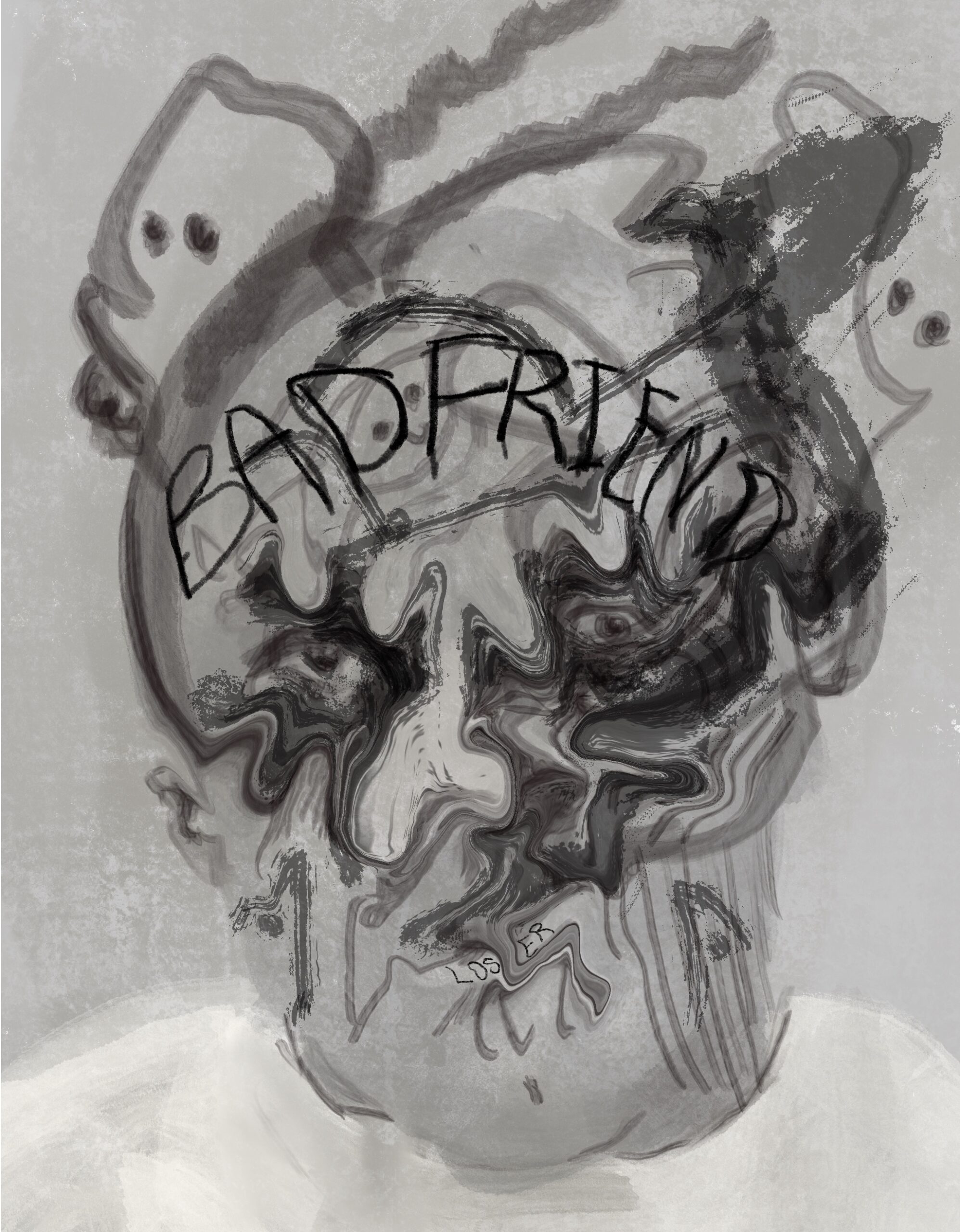 Image shows semi-abstract gray face. The words "bad friend" are written on its forehead.
