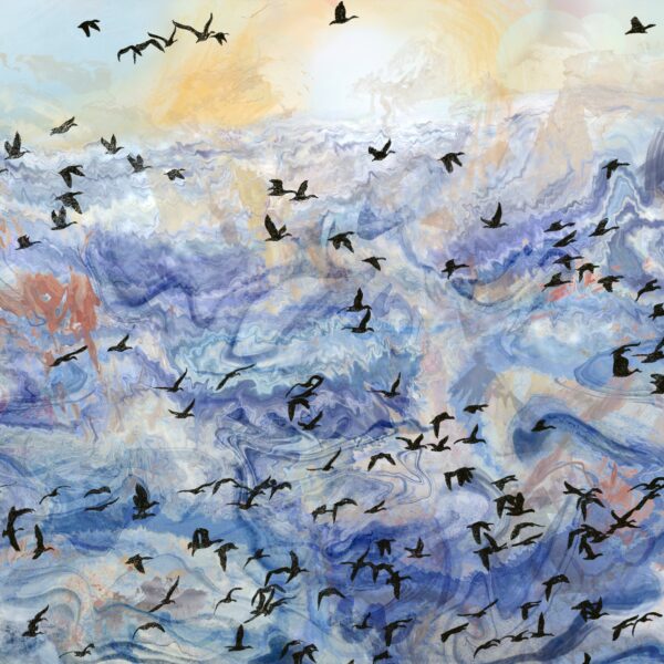 Image shows blue sky with golden sun behind clouds. A large flock of black birds flies in the sky.