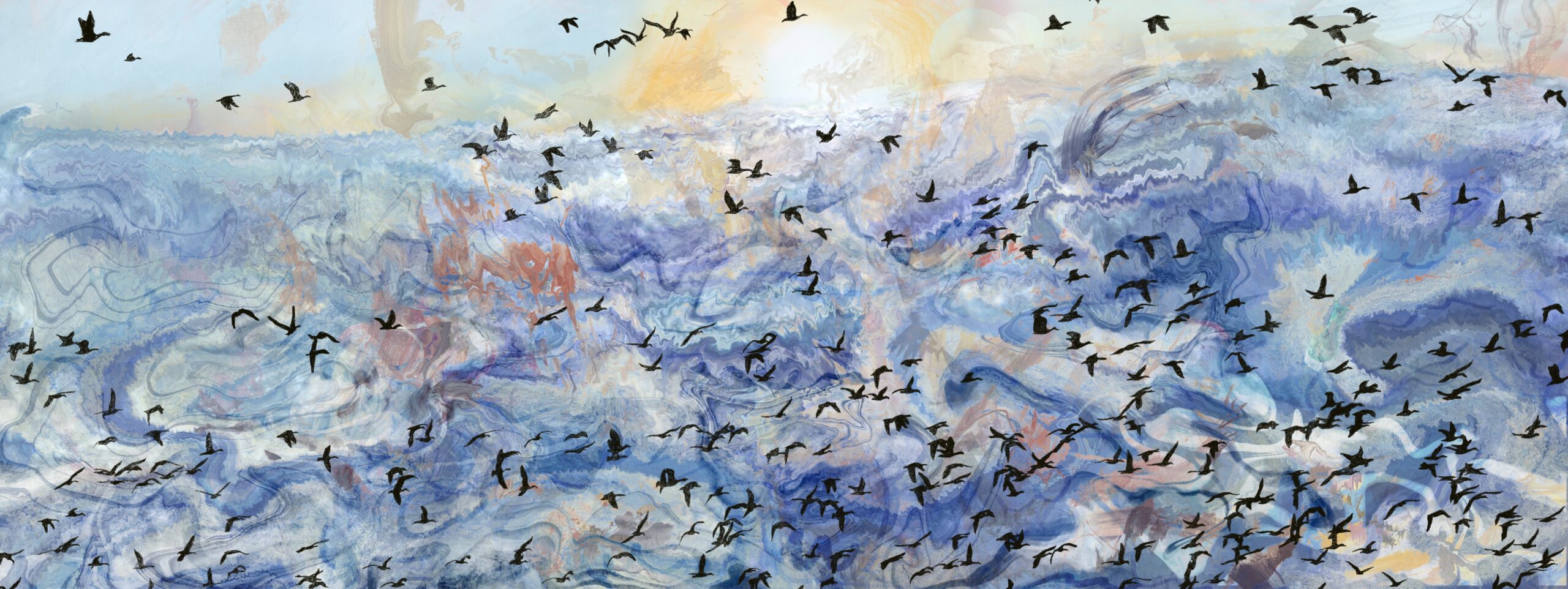 Image shows blue sky with golden sun behind clouds. A large flock of black birds flies in the sky.