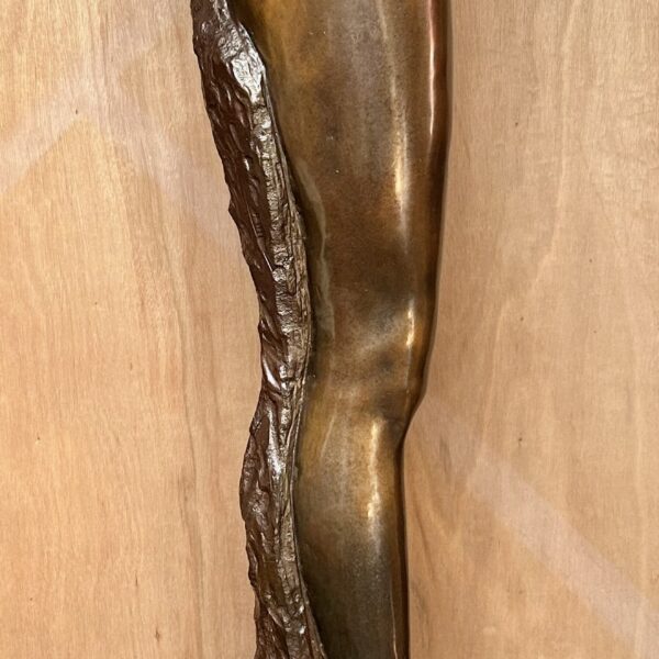 Bronze sculpture of a single leg standing on a pedestal.