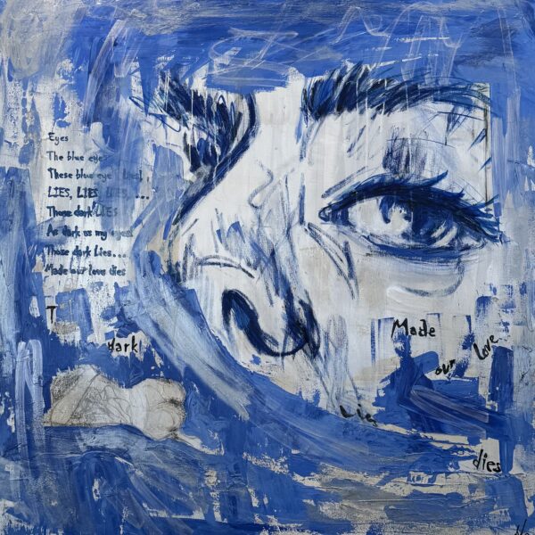 Image showing painting with blue sweeps of color. A woman's eye is visible looking out.