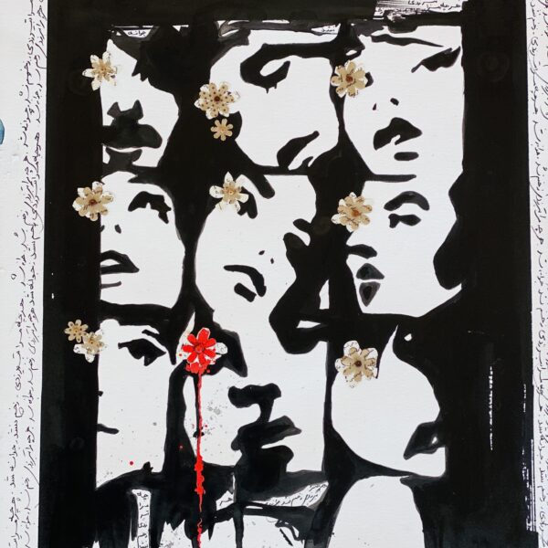 Painting with a collage of nine black-and white faces. The face in the center has a red splash of color over one eye.
