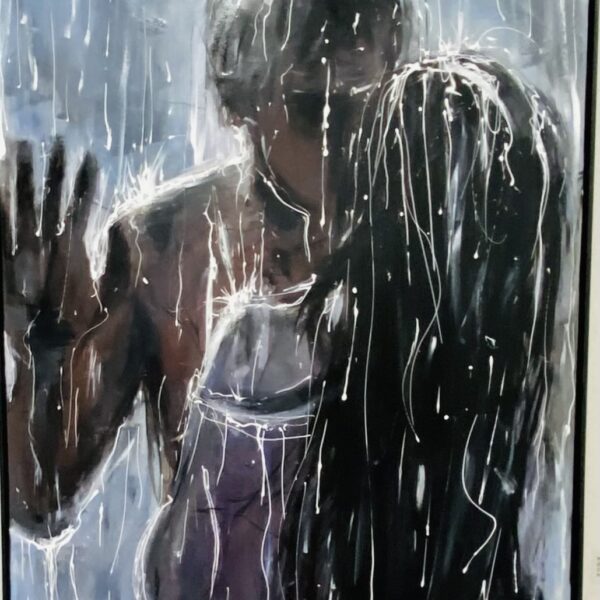 Image shows painting of a man and woman kissing in a rainstorm