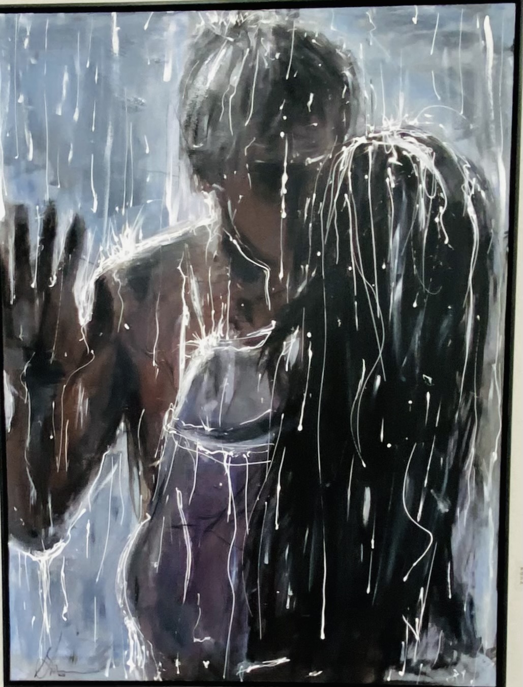 Image shows painting of a man and woman kissing in a rainstorm
