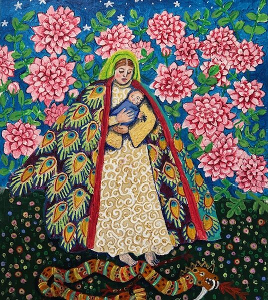 Painting shows a woman embracing an infant wearing a robe made of peacock features. Pink flowers bloom behind her.