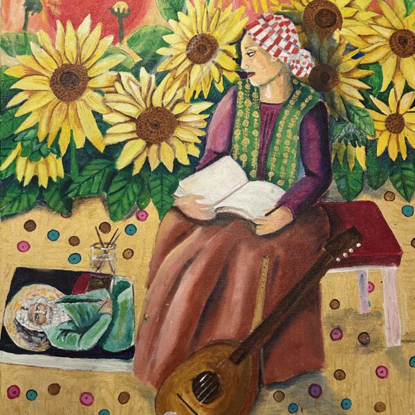 Painting of woman wearing a long brown dress. She is seated with an open book before her. Sunflowers bloom behind her.