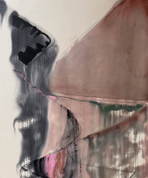 Image shows abstract painting in swirls of brown and black.