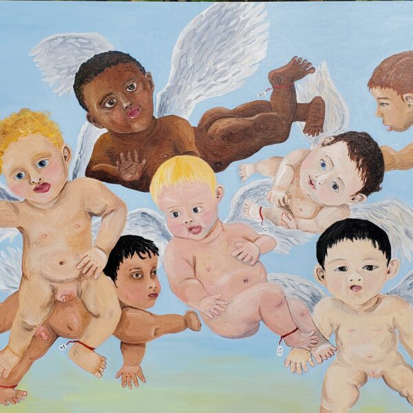 Painting shows group of babies with wings against a blue sky.