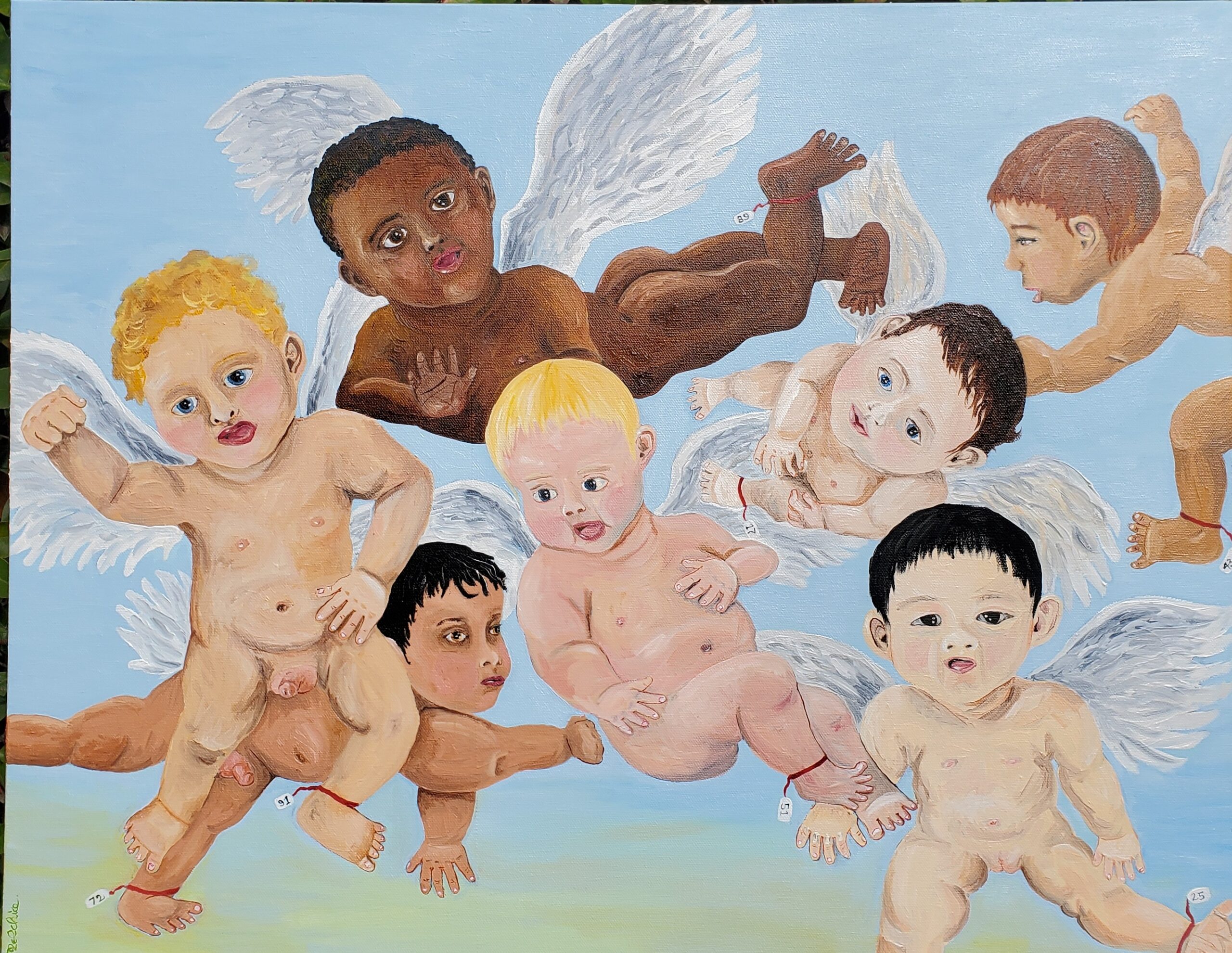 Painting shows group of babies with wings against a blue sky.