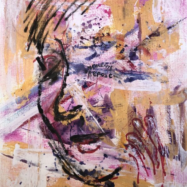 Painting with abstract image of a face outlined in black. Yellow, pink, black and white smears of color go across the face.