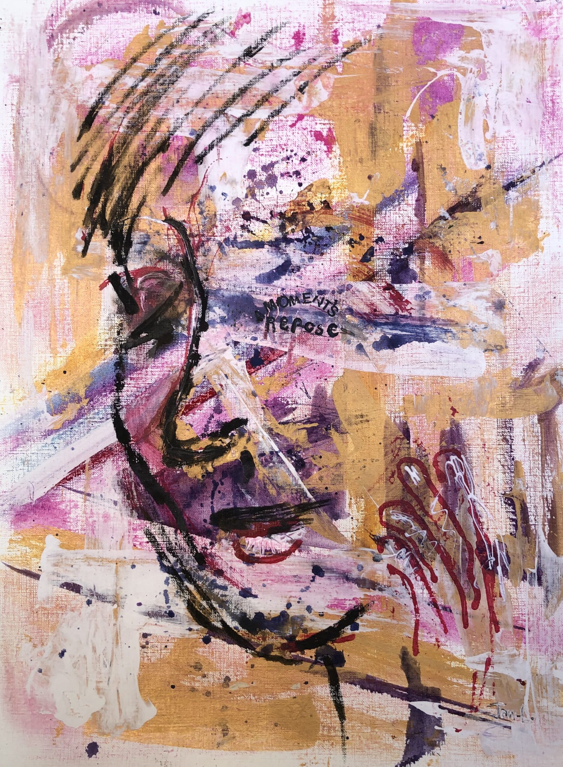 Painting with abstract image of a face outlined in black. Yellow, pink, black and white smears of color go across the face.