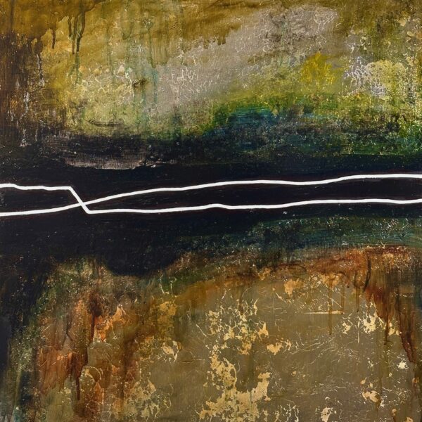 Image shows abstract gold painting. Dark blue paint runs across the middle of the painting with two white lines intersecting.