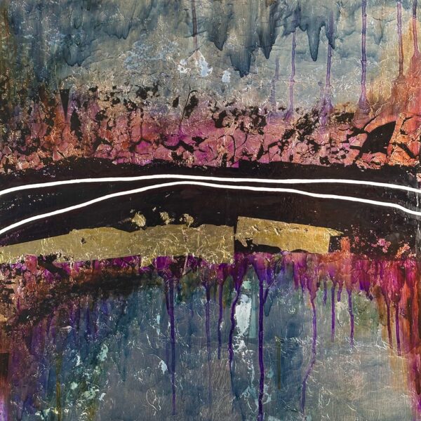 Image shows abstract painting with shades of blue, pink and green. Two white lines cross the center of the painting.