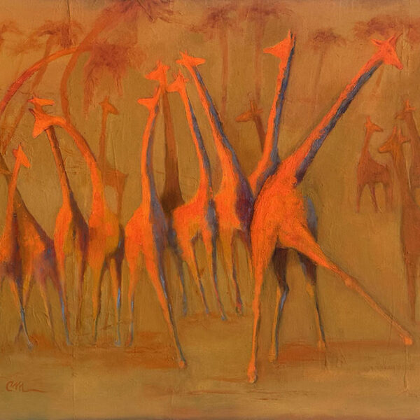 Painting depicting a group of red giraffes standing together against a dark orange background.