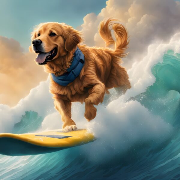 Image showing a golden retriever surfing on a wave with a yellow surfboard. A cloudy sky is visible beyond the wave.
